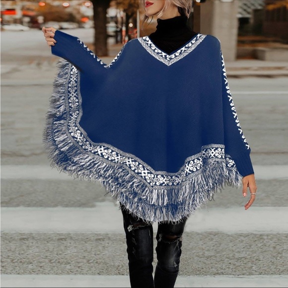 Sweaters - NEW Boutique Navy Blue Alpaca Wool Fringe Sweater Poncho